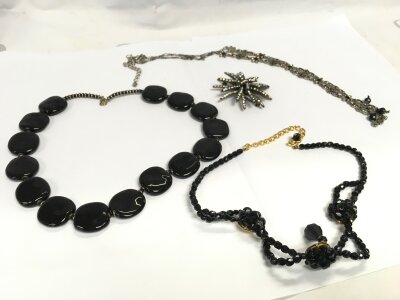 Costume jewellery including black bead necklaces and marcasite style jewellery
