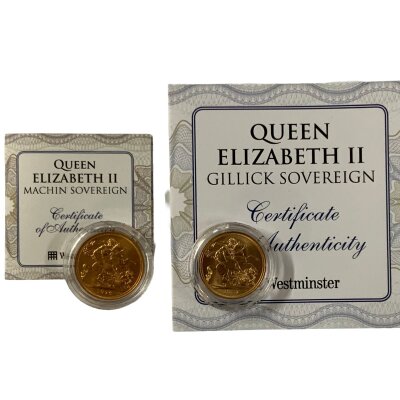 2 Queen Elizabeth II full Sovereigns, Machin 1976, Gillick 1957, both XF examples.
