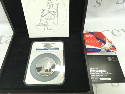 2013 5oz silver first strike Britannia graded PF69 ultra cameo.