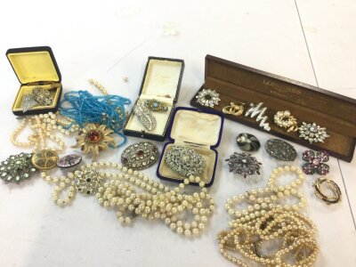 Vintage Costume jewellery including brooches, a Longines watch box etc