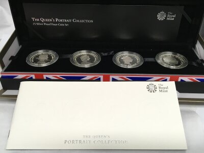 Royal Mint Queens Coronation 60th anniversary 4 £5 silver proof coin set , The Portrait collection