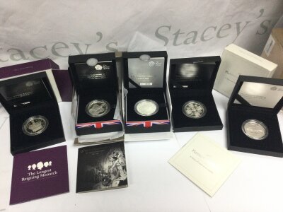Royal Mint commemorative silver proof coins including Longest Reigning Monarch 2015 £5, 60th anniversary queens coronation £5, HRH Prince George of Cambridge £5 , First Birthday of HRH Price George of Cambridge 2014 £5, Platinum wedding anniversary 2017 £5