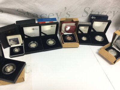 A collection of Royal Mint Silver Proof coins including Christopher Ironside 50p, 2007 Britannia 20p , Girlguiding 50p, Team GB 2016 50p, women’s Social and political Union 50p, Last round pound £1, 65th anniversary £5, 2007 Britannia £2