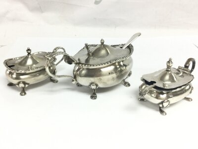 Three silver hallmarked mustard pots