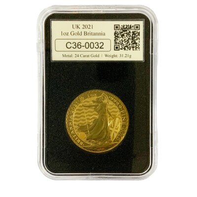 2021 1 Ounce Brittania coin, encapsulated. Rev. QEII portrait.