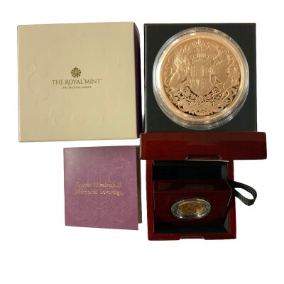 A 2022 Memorial design Piedfort gold proof sovereign. Charles II portrait.