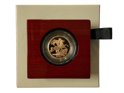 A Royal Mint issue Gold Proof St George & The Dragon sovereign. King Charles III portrait.