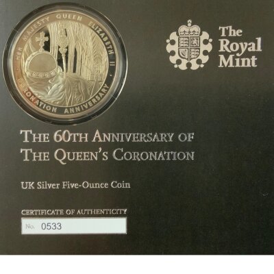 Royal Mint Issue Queens Coronation 60th Anniversary 1953-2013 5 ounce fine silver proof £10 coin.