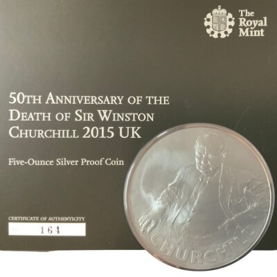 Royal Mint Issue 50th Anniversary of the death of Winston Churchill, 5 ounce fine silver proof £10 coin.