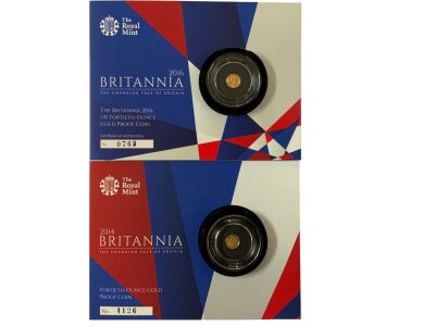 2 Royal; Mint issue 1/40th ounce Brittania gold coins. 2014/2016.