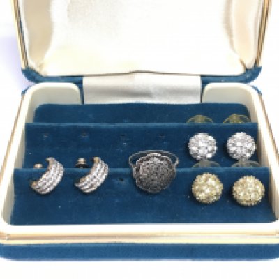 A silver marcasite ring and three pairs of earrings set with CZ stones. NO RESERVE