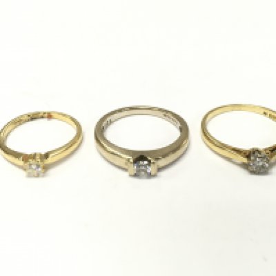 Three 18ct gold diamond solitaire rings sizes H 1/2 M and N approximately 7.5g