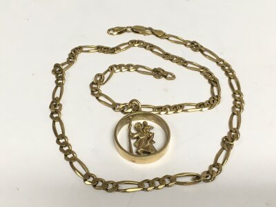 A gold St Christopher pendant on a 9ct gold chain, approx 31.4g.