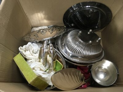 A collection of silver plated items including loose and boxed cutlery, serving dishes etc.