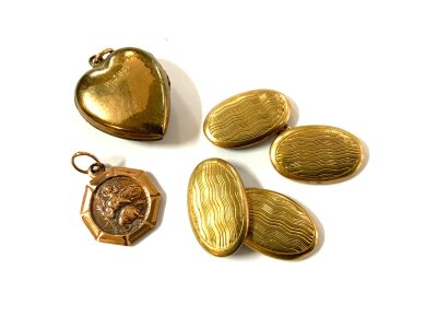 A pair of 9ct gold cuff links, 9ct gold St Christopher, GP locket.