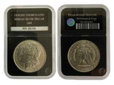 An 1889 Morgan Silver Dollar, encapsulated and circulated.
