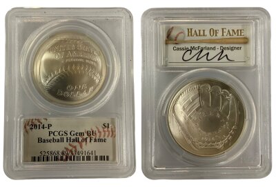 A 2014 Liberty Dollar, PCGS Gem BU baseball hall of fame domed $1
