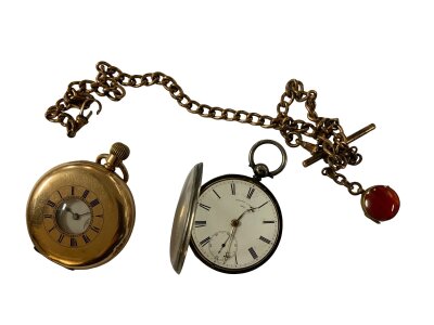 A hallmarked silver cased pocket watch together with a gold plated Waltham half hunter pocket watch and Albert chain.