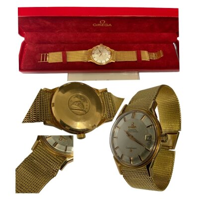 A vintage gents Omega Constellation with gold case and a later attached gold mesh strap, (some damage to strap). Overall weight 76g