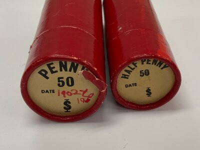 2 bank rolls with varied date Pennies and 1/2 pennies.