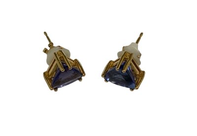 A pair of 14ct gold and trillion cut tanzanite stud earrings, 3.2ct total.