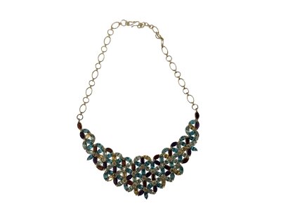 A modern sterling silver collar necklace set with a mixture of Amethyst, Topaz, Citrine and Garnet.