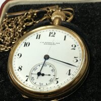 A 9 carat gold button wind pocket watch and chain, total weight 85.7g.