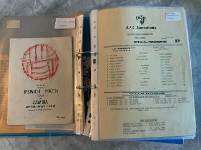 Ipswich Town Youth Away Football Programmes: Rare private collection of Under 18 21 and Youth Cup programmes and colour team sheets from 1970 Zambia Tour to 2024. Includes 64/64 Cambridge United Mercia League, 72/73 Bournemouth SJFC, 75/76 Aston Villa SJFC final, 80/81 Chelsea. Unwritten in excellent condition. (214)