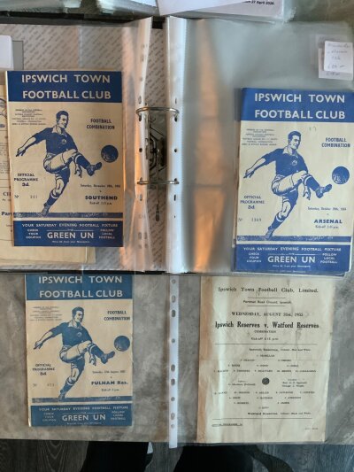 1950s Ipswich Town Home Reserves Football Programmes: From 1955/56 to 59/60 housed in collectors folder. Includes single sheets v 55/56 Watford and 56/57 Southampton. Excellent condition with 19 x 55/56, 10 x 56/57, 12 x 57/58, 15 x 58/59, 9 x 59/60. (65)