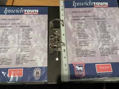 Ipswich Town Home Football Team Sheets: Unwritten A4 1st team colour team sheets from 1998 to 2021 in excellent condition housed in collectors folder. Some hard to obtain ones given to just a few press during Covid. (155)