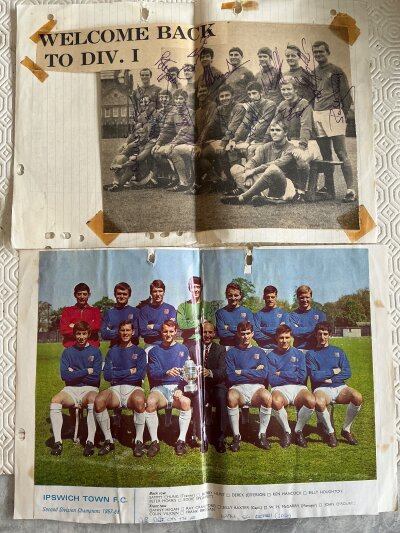 Ipswich Town Football Autographs: Promotion team of 60/61 removed from magazines and stuck down to paper. Includes a couple of team groups signed by 11 and a few individual players.