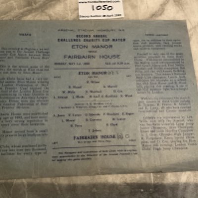 49/50 Eton Manor v Fairbairn House At Arsenal Football Programme: Large single sheet with fold and score. Very good condition played at Highbury for the 2nd Charity Cup Match. 