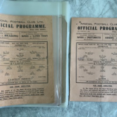 Arsenal 43/44 Complete Home Football Programmes: Single sheets to include League matches v Southampton Portsmouth Brentford Watford Chelsea QPR Charlton West Ham Millwall Fulham Clapton Orient Crystal Palace Brighton Tottenham Aldershot and Cup v Luton Reading QPR. Some have team changes a couple have punch holes but mainly fair/good. (18)