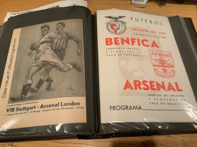 Arsenal Away European Football Programmes: Some hard to obtain programmes indeed. Includes 1971 Benfica, 1955 Hibernian, 1956 Racing Club De Paris, 1959 Juventus,  PSV, 1963 Staevenet, 1964 Stuttgart, 1967 Hertha, 71/72 Stromgodset, Ajax and the 69/70 Fairs Cup semi final v Ajax and more.  Very good housed in collectors folder.