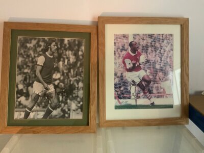 Arsenal Signed Framed Football Items: Signed displays of Adams Wright George and Bergkamp which are framed separately. C/W a 1966 England World Cup team group print signed by 9. The latter is being sold as reproduction autographs without COA although if you removed it from frame you may find they could be original. Few more Arsenal items to include a signed print by George with COA and LPs for the 1971 and 1979 FA Cup final.