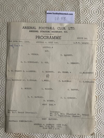 56/57 Arsenal v West Ham LMWL Football Programme: Played at Highbury Arsenal on 24 10 1956. Single sheet London Midweek League programme in good condition with no team changes. Half time score noted. Slight tear on fold.