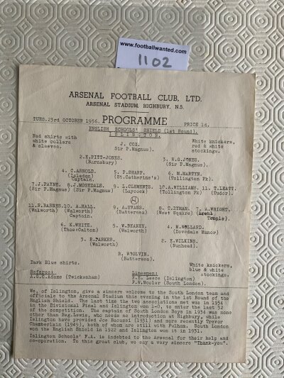56/57 Islington v South London Schools Football Programme: Played at Highbury Arsenal on 23 10 1956. Single sheet in good condition with no team changes. Light folding and small tear.