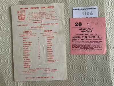 69/70 Arsenal v Omonia Football Programme + Ticket: Single sheet creased programme for match dated 25 4 1970. C/W hard to obtain ticket in good condition. (2)