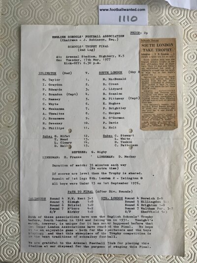 76/77 English Schools Final Football Programme At Arsenal: Rare A4 page for the match Islington v South London at Highbury. Match report attached and 4 punch holes but a rare find indeed.