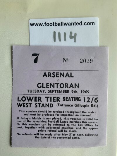 69/70 Arsenal v Glentoran Football Ticket: Fairs Cup match ticket dated 9 9 1969 in excellent condition.