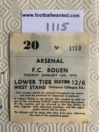 69/70 Arsenal v Rouen Football Ticket: Fairs Cup match ticket dated 13 1 1970 has light fold and staining.