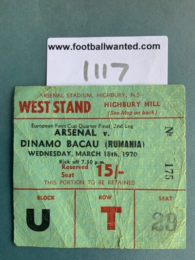 69/70 Arsenal v Dinamo Bacău Football Ticket: Fairs Cup match ticket dated 18 3 1970 has creasing.