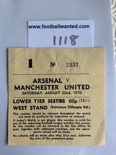 70/71 Arsenal (Double Season) v Manchester United Football Ticket: League match ticket dated 22 8 1970  has light fold.