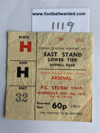 70/71 Arsenal (Double Season) v Sturm Graz Football Ticket: Fairs Cup match ticket dated 4 11 1970 has creasing.