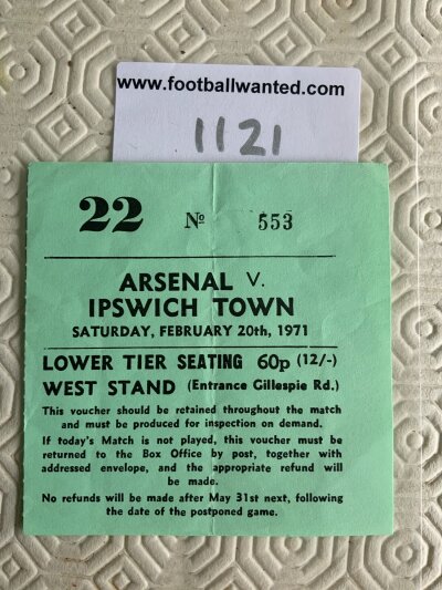 70/71 Arsenal (Double Season) v Ipswich Football Ticket: League match ticket dated 20 2 1971 has fold.