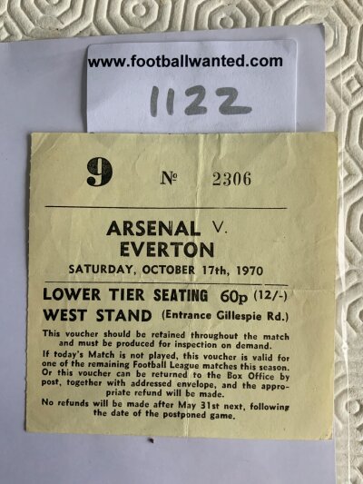 70/71 Arsenal (Double Season) v Everton Football Ticket: League match ticket dated 17 10 1970 has fold.