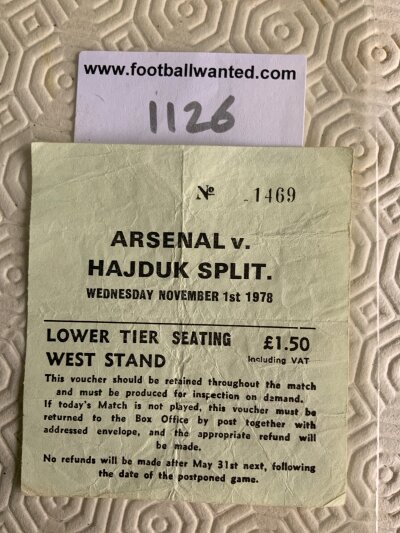 78/79 Arsenal v Hajduk Split Football Ticket: UEFA Cup ticket dated 1 11 1978 has folding.