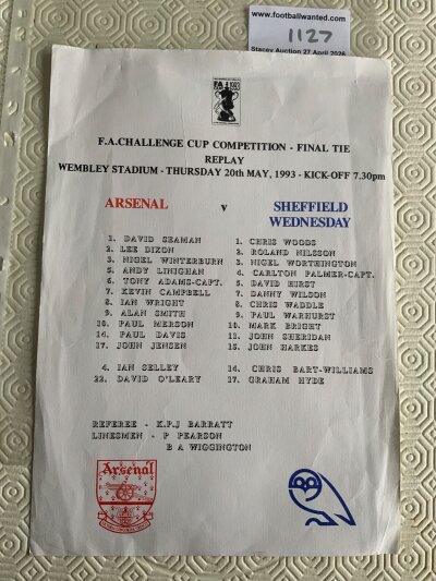 1993 FA Cup Final Replay Team Sheet: Official colour team sheet for the Arsenal v Sheffield Wednesday replay on Thursday 20th May. Very good unwritten harder to obtain A4 sheet.