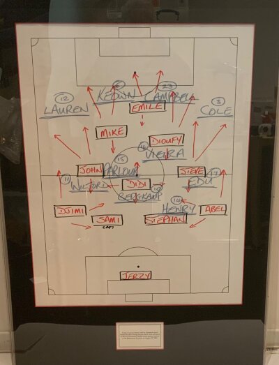 Liverpool v Arsenal 2002 Charity Shield Framed Tactics Board: Written by Gerrard Houllier for the Community Shield match at the Millennium Stadium on 11 8 2002 v Arsenal. Both teams players written on board with arrows for tactics. Beautifully framed in acrylic box in mount. Descriptive card below describes a pair but only one present.