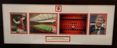 Arsenal 2007 2008 Box Holders Corporate Gift: In original packaging with autographs of Arsene Wenger and William Gallas on two of the four photographs. Complete with COA. Size 72 x 31cm.